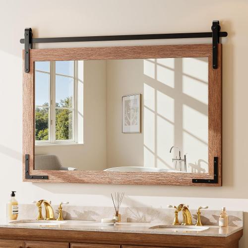 Farmhouse Bathroom Mirror, 40x26 Rustic Wood Vanity Mirror Brown | Decorative Wood Framed Wall Mounted Mirror,Barn Door Style Vintage Vanity Mirror, Bathroom/Vanity/Hallway Decor