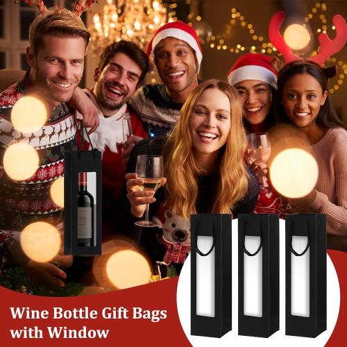 mekueeex 36 Pcs Single Wine Bottle Gift Bag, Clear Window Wine Bags for Wedding Reusable Flower Boxes Bulk with Handles for Holiday Birthday(Black)