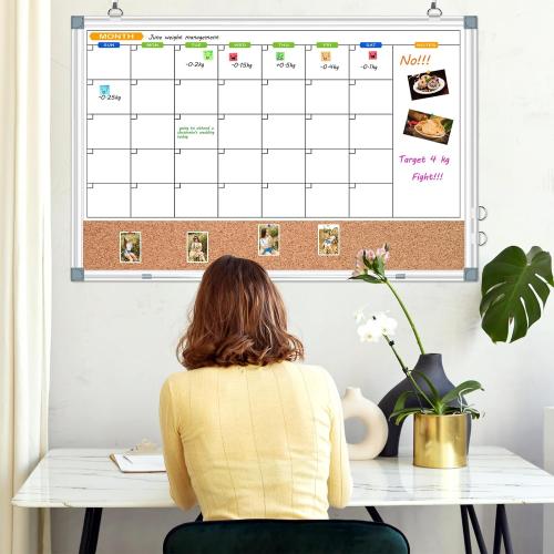 Monthly White Board Calendar Dry Erase Cork Board Combo for Wall, Double-Sided 36 x 24 Magnetic Calendar Whiteboard & Bulletin Board, Portable Dry Erase Board for Home, Office, School