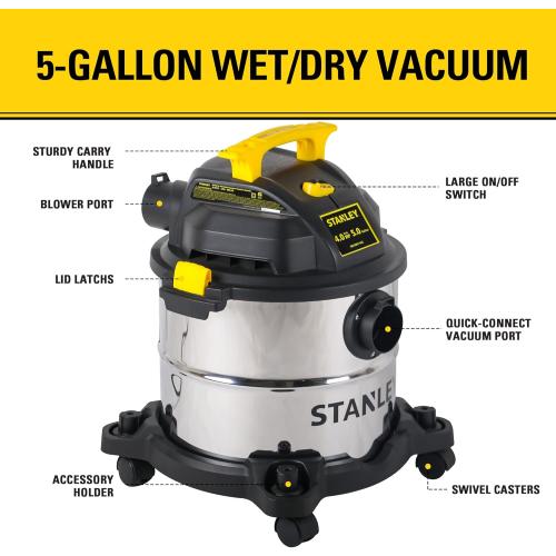 STANLEY Wet/Dry Vacuum SL18115, Stainless Steel Tank, 5 Gallon 4HP Shop Vacuum, Portable Style Ideal for Home/Shop/Jobsite Dust Collection Job with Vacuum Attachments, Silver Yellow