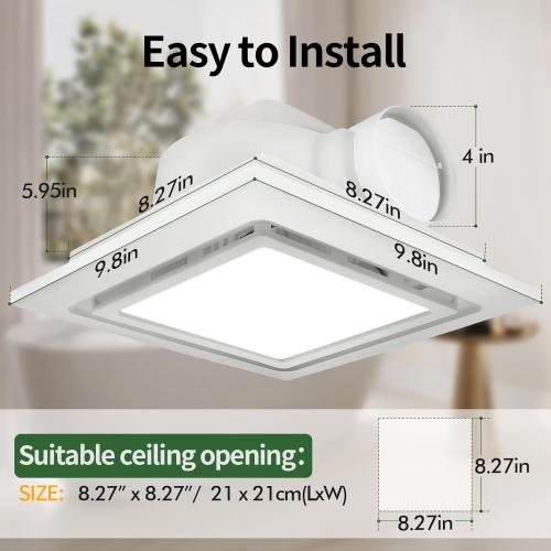 TEPU 9.8Inch Grille Bathroom Exhaust Fan with Light 110 CFM, Housing 8 x 8, Duct 4Inch, 1.0 Sone Quiet Bathroom Exhaust Fan with 6500K 1200LM LED Light, for Bathrooms, Laundry Room, Shower Area