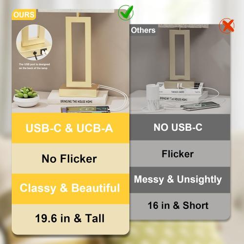 Seealle 22 Tall Bedroom Lamps for Living Room - Touch Gold Bedside Lamps with USB C A, 3 Way Dimmable Lamp for Nightstand, Modern Night Stands Lamps for End Tables(Beige&Gold)