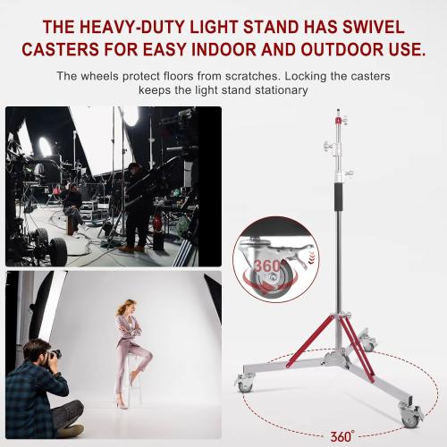Heavy Duty Light Stand with Casters,10ft/305cm Adjustable Light Stand with Stainless Steel