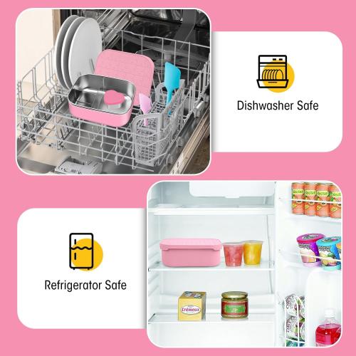 Pink 2pc Set Small Stainless Steel Bento Lunch Box - Reusable Divided Metal Snack Bento Box 3-Compartment Food Meal Prep Storage Lunch Containers Leakproof with Dip Container,Dishwasher,Freezer Safe, BPA-Free