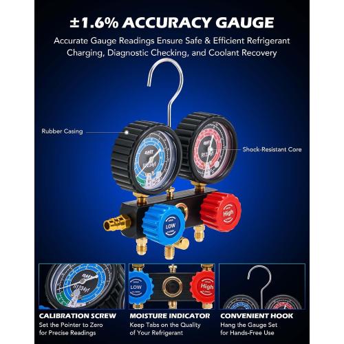 Orion Motor Tech R1234yf AC Vacuum Pump and Gauge Set, 1/3 hp 4 cfm Vacuum Pump Manifold Gauge Kit with Leak Detector 3 Hoses & Adapter for R1234yf, A/C Vacuum Pump Kit for Auto HVAC Systems