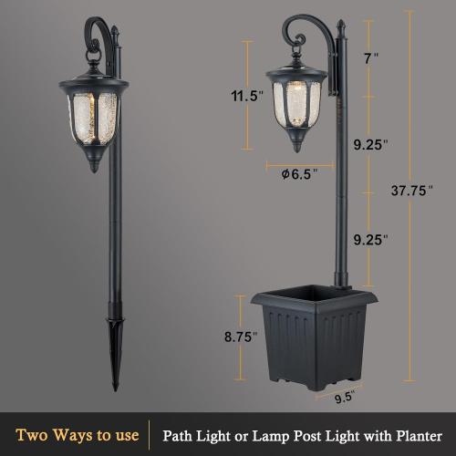 Solar Lamp Post Light with Planter, Outdoor Solar Lights with Crackle Glass, Matte Black Outdoor Flower Pots, 2 in 1 Solar Post Lights Waterproof for Porch Garden Patio