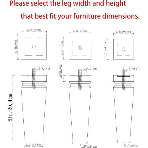 Square Wood Furniture Legs Set of 4 - Wooden Replacement Feet for Couch, Bed, Bench, Dresser, Rubber Wood Parts for Table, Sofa, Wooden Legs Chairs Complete with Installation Hardware (Brown)