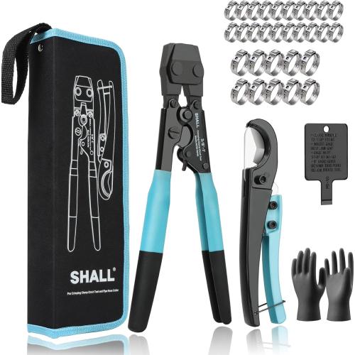 SHALL Pex Crimping Clamp Cinch Tool and Pipe Hose Cutter, Pipe Fitting Crimper Tool Kit Meets ASTM F2098 for 3/8 to 1 Stainless Steel Clamps Including 20pcs 1/2, 10pcs 3/4 Clamps With Storage Bag
