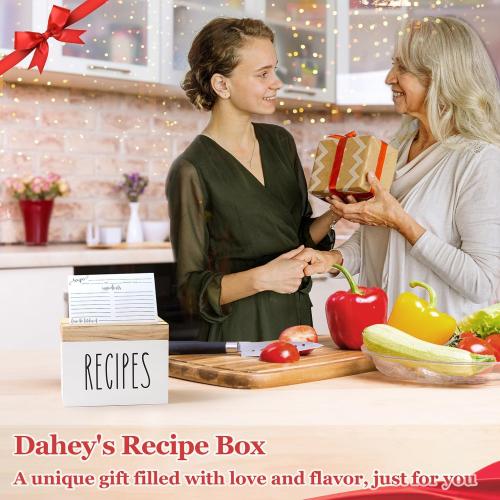 Dahey Wooden Recipe Box White Recipe Organizer with 100 Recipe Cards and 6 Dividers, Recipe Card Holder Box Set with Lid and Slots to Write in Your Own Recipes for Cooking Lover Kitchen, 6.9''x4.3''
