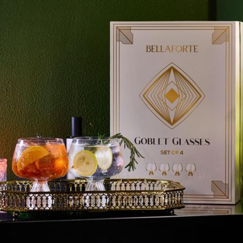 4 Pack Clear BELLAFORTE Goblet Cocktail Glasses, Brandy Glass, Cognac Cups | Set of 4 | 19 oz, Modern Clear Glassware for Gin Tonic, Aperol Spritz, Premium Borosilicate Glass - Idea Gift for Cocktail Lover