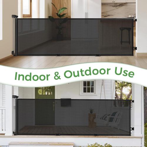 FRUITEAM 120 Wide Outdoor Waterproof Retractable Gate for Dogs & Kids – Ground Stakes, Easy One-Hand Operation, Scratch-Resistant & Tear-Proof Mesh for Indoor/Outdoor Use on Garage, Driveway – Black ‼️has mild stains ‼️