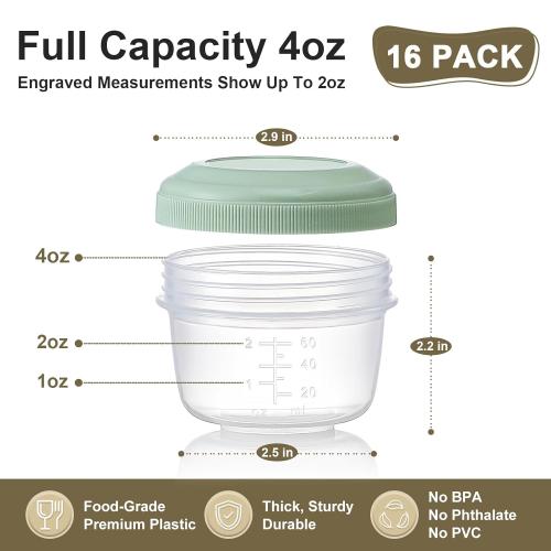 VITEVER [16 Pack] 4 oz Small Containers with Lids, Reusable Plastic Jars for Snack and Puree, Salad Dressing Container to Go, Deli Containers, Freezer Baby Food Containers, Dishwasher Safe, BPA Free