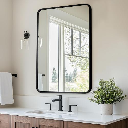 Antok 22x30 Black Metal Framed Bathroom Mirror, Wall Mirror with Round Corners, Vanity Mirror for Over Sink, Anti-Rust Tempered Glass, Horizontal/Vertical Hanging for Bathroom, Living Room, Entryway