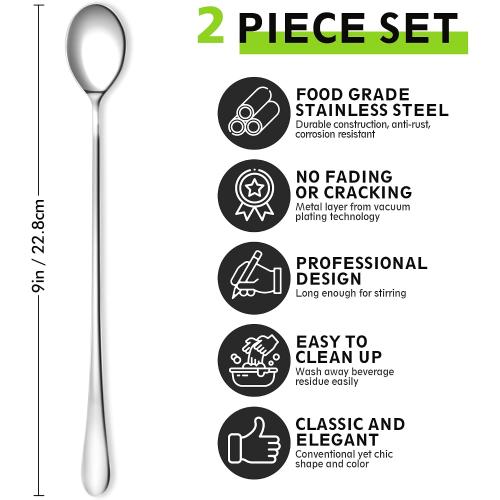 9 Ice Cream Spoons Long Handle Iced Tea Spoons Thicken Heavy Duty 2Pcs | Upgrade Anti-bent Dishwasher-safe Coffee Spoons Stainless Steel Reusable for Stirring Drinks Honey Sundaes Dessert Coffee Bar