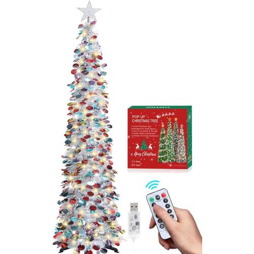HMASYO 6 FT Pop Up Christmas Tree with 100 LED Lights & Remote, Silver Christmas Tinsel Tree, Collapsible Artificial Pencil Tree for Home Office Party Decor, USB Powered Timer Lights, Easy Assembly
