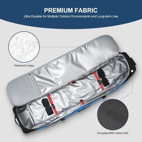 Odoland Rolling Ski Bag, Padded Snowboard Bags with Wheels for Air Travel, 900D Water Resistant Oxford Fabric and Extra 2 Dry Bag, Fits Skis Up to 170/190cm