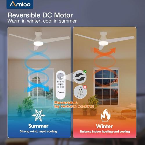 Amico Ceiling Fans with Lights, 52 inch Low Profile Ceiling fan with Light and Remote Control, Flush Mount, Reversible, 3CCT, Dimmable, Noiseless, White Ceiling Fan for Bedroom, Indoor/Outdoor Use