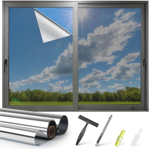 29.5 x 78.7 inch Kromapolis One Way Window Privacy Film Reflective Mirror Home Window Tint, Daytime Privacy Heat Control Anti UV Glass Tinting Static Cling (Silver, 29.5 x 78.7 inch)