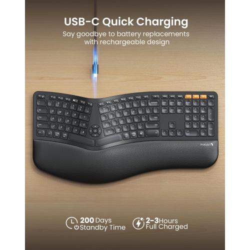 ProtoArc Backlit Bluetooth Ergonomic Keyboard, EK01 Plus Full Size Wireless Split Keyboard with Dual Bluetooth and USB, Cushioned Wrist Rest, Rechargeable, Compatible with Windows/Mac/Android, Black