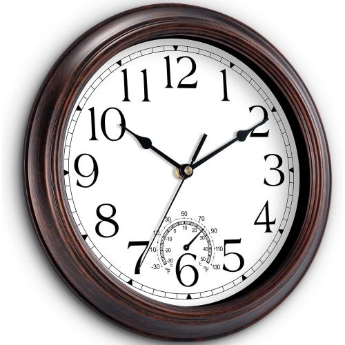 KECYET 12 Inch Outdoor Wall Clock with Thermometers, Vintage Silent Wall Clocks Battery Operated, Retro Non-Ticking Clock Decorative for Living Room, Patio, Kitchen, Office, Bathroom, Bedroom(Bronze)