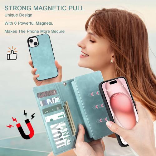TwoHead Wallet Case Compatible with iPhone 15,Detachable Magnetic Phone Case,All-Round Protective Leather Phone Case with Card Holder,6.1 in,Blue