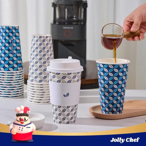 JOLLY CHEF 16 oz Coffee Cups with Lids 100 Pack, Disposable Hot Paper Coffee Cups with Lids, Sleeves and Stirrers for Christmas, Thanksgiving, Party