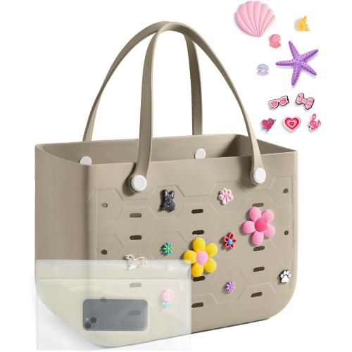 BAGSMART Beach Bag for Women, Water-resistant Rubber Tote Bag, Sandproof Vacation Essentials for Summer Swim Cruise Pool MISSING CHARMS