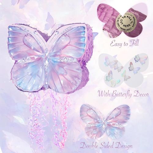 Butterfly Pinata Set - Purple Crystal Butterfly Pull String Piñata with Blindfold, Bat, Confetti for Birthday Fairy Party Decorations (16.1'')
