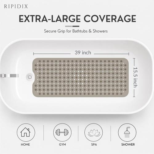COLOR BLACK Bathtub Mat Non-Slip, 39 x 15.5 Extra Long Shower Mat with Suction Cups, Anti Mold BPA Free & Machine Washable Textured Bath Mat for Tub, Ideal for Kids, Seniors & Pregnant Women