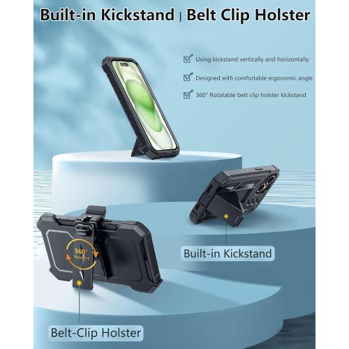 FNTCASE for iPhone 15 Phone Case: for iPhone 14 & 13 & 16e Case Military Shockproof Protective Rugged Cell Phone Cover with Kickstand & Belt-Clip Holster, Heavy Duty Hard Cases 5G - 6.1 Inch Black