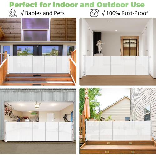White Reinforced 120 Inch Extra Long Retractable Baby & Dog Gate with Support Rods Prevents Crawling Under, 10 Ft Wide for Large Openings, Indoor/Outdoor Gate, White