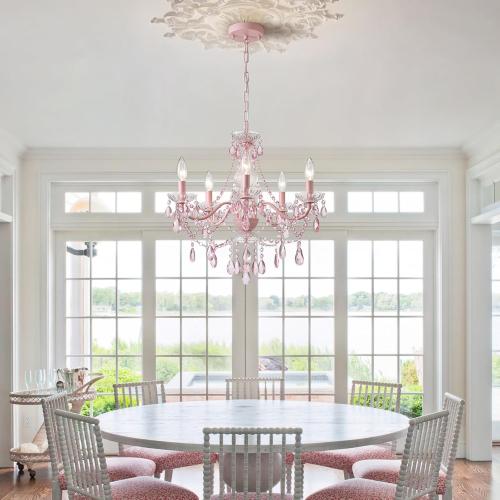 AMZASA Modern Crystal Pink Chandelier, Not Acrylic Crystal,Pink Crystals Hanging Pendant Light for Girls Room,Ceiling Medallions, Farmhouse Glass Chandelier for Wedding, Kitchen, Dining,Foyer,Island