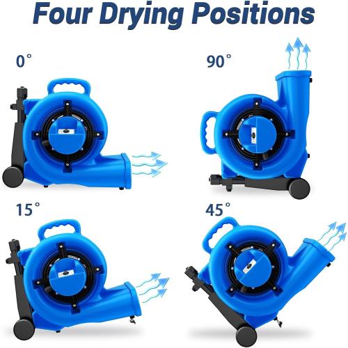 5000 CFM 1HP Air Mover Blower Fan, Floor Blower Dryer, 3 Speeds, 4 Adjustable Angles, Handle Wheelkit, 15Ft Long Cord Portable, Stackable - 2026 Upgraded, Blue