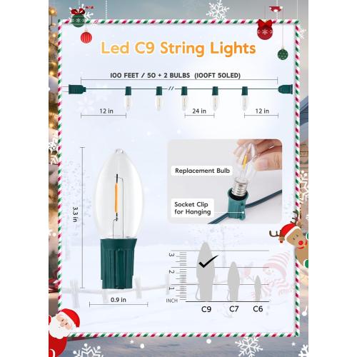 Vintage C9 LED Christmas Lights Outdoor, 100 Feet C9 String Lights with 50 Shatterproof C9 Bulbs, Waterproof Connectable Christmas Tree Lights for Outside Roofline Patio Xmas Decorations, Warm White