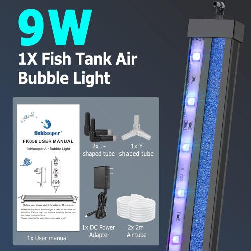 fishkeeper Submersible Fish Tank Light with Air Bubble Hole Color & Brightness & Timers Adjustable IP68 Waterproof Aquarium Bubble Light for Fish Tank Accessories Bubbler Wall (9W, Pump Not Included)