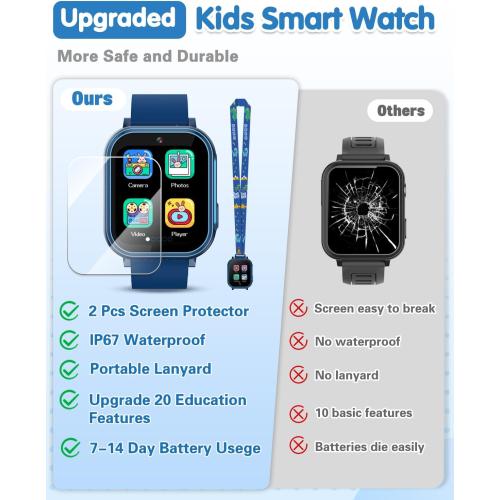 Waterproof Smart Watch for Kids with 32 Games Dual Camera, Habit Tracking, Alarm, Pedometer, HD Touchscreen with Protector, Kids Watch Toys for Boy Age 5-12 Christmas Birthday Gift Boys Girls(Blue)