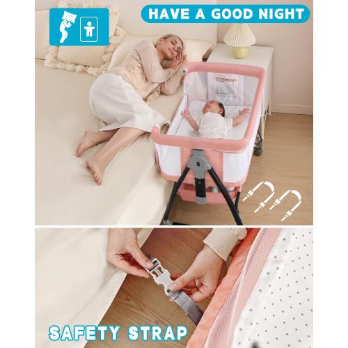 Bedside Bassinet for Baby, 3 in 1 Breathable Mesh Baby Bassinet, 6 Height Adjustable, Easy to Assemble, Bassinet Bedside Sleeper with Wheels, Mosquito Net, Storage Basket, Bassinets for Newborn Baby | Multi-functional