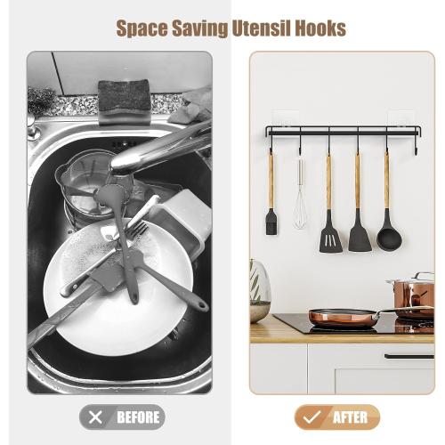 Kitchen Utensil Hanger, Adhesive Utensil Holder Wall Mount Kitchen Rack Rail with 12 Hooks, Space Saving and No Drilling, Black, 2 Pcs
