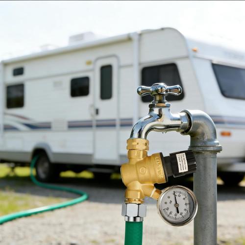 Hourleey RV Water Pressure Regulator, Adjustable Handle Brass Water Pressure Regulator, Water Pressure Reducer with Gauge and Inlet Screened Filter for RV Camper Travel Trailer
