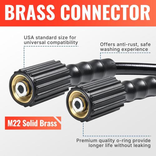 YAMATIC Pressure Washer Hose 50FT 1/4 ID, Standard (2) M22 Brass Fittings, 3200 PSI Kink-Resistant Replacement for Ryobi, Troy Bilt, Greenworks, CRAFTSMAN M22 Threads Power Washers