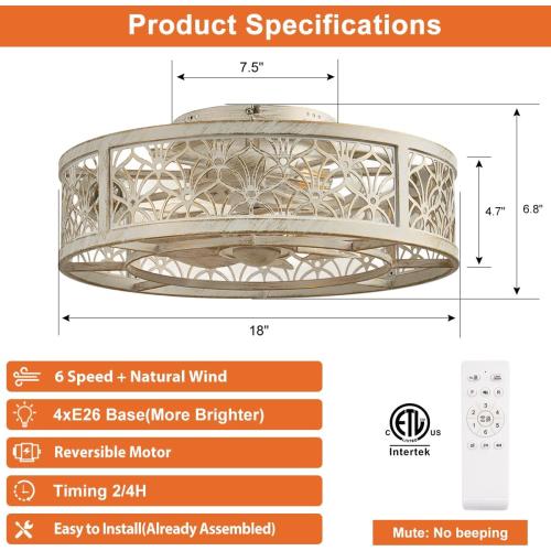 SHLUCE 18 Caged Ceiling Fan with Light, Small Flush Mount Fandelier Ceiling Fans with Lights and Remote, Rustic Low Profile Bladeless Ceiling Fan with Light for Bedroom, Kitchen, White Gold - ETL
