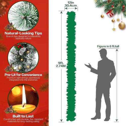 9ft Flocked Pre-Lit Artificial Christmas Garland,Christmas Tree Garland,Flocked Xma Tree Garland with Lights, Pine Cones, Red Berries, Branch Tips,Berry Clusters, Plug in