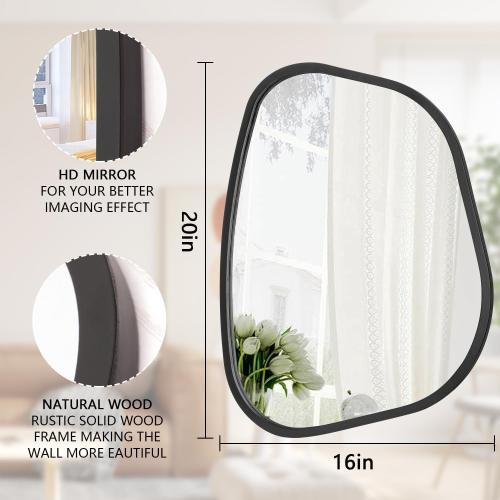 Black Asymmetrical Wall Mirror Large 20x16 Irregular Oval Mirror Modern Wood Frame Unique Shape Wall Mounted Vanity Artistic Mirrors Decorative for Living Room Bedroom Bathroom Hallway