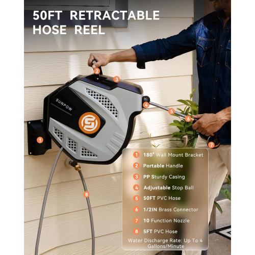 Black Grey and Orange SUNPOW Retractable Garden Hose Reel - 1/2 inch x 50ft Wall Mounted Hose Reel with 3/4 inch Brass Fitting & 10 Function Sprayer Nozzle - Any Length Lock, Auto Rewind System, 180°Swivel Bracket - Grey