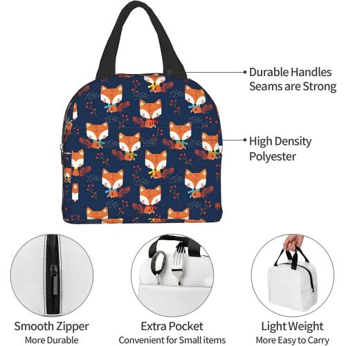 Cute Fox Lunch Bag for Women Small Insulated Lunch Box Leakproof Reusable Girls Lunchbag Office Work School Picnic Portable Black