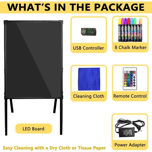 Standing A-Frame LED Message Writing Board 32 x 24, Neon Menu Sign with Adjustable Height, Outdoor Menu Display Board with 8 Colors Markers and Remote Control, DIY Message Light Board