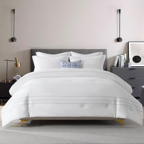SahSahCasa Long-Staple Cotton Comforter Set King Size, Fluffy Bedding Set for King Bed, Embroidery Striped Lightweight Quilted Bed Set, 104 × 90, 3pcs, White