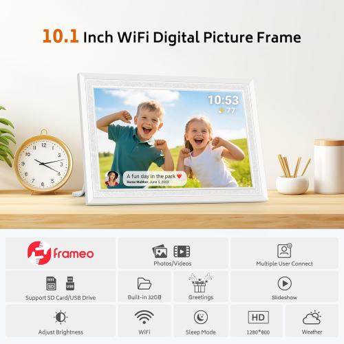 Frameo 10.1 Digital Picture Frame with 32GB Memory White WiFi Electronic Photo Frame 1280 x 800 IPS HD Touch Screen Auto-Rotate Slideshow Wall Mountable Share Photos/Video Remotely Anywhere