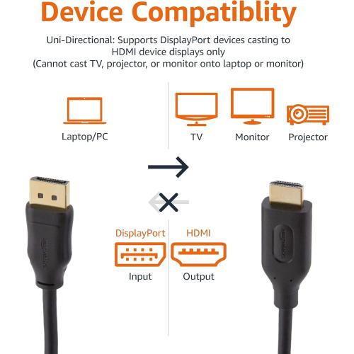 Amazon Basics DisplayPort to HDMI Cable, Uni-Directional, 4K@30Hz, 1920x1200, 1080p, Gold-Plated Connectors for Enhanced Picture Quality and Sound, 6 ft, Black
