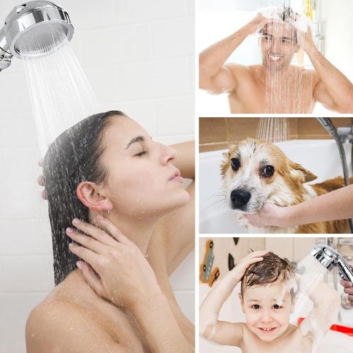 HANLIAN High Pressure Shower Head with Pause Button, 3 Spray Modes Shower Head for RV Camper, Water Saving On Off Shower, Handheld Shower Head with Hose and Adjustable Self-adhesive Holder (Chrome)
